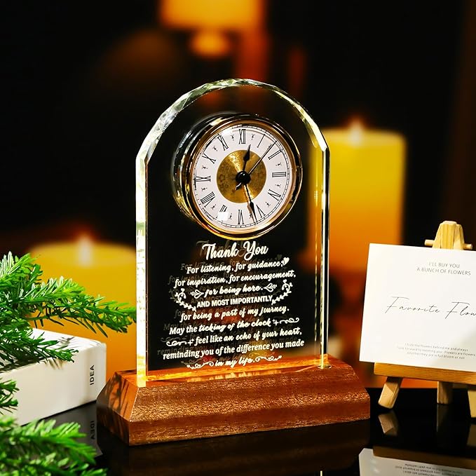 Arikyrist Thank You Gifts for Women Men, Appreciation Clock Gift for Coworkers Friends Teachers with Wooden Light Base, Inspirational Presents for Family Office Desk Clock Decor