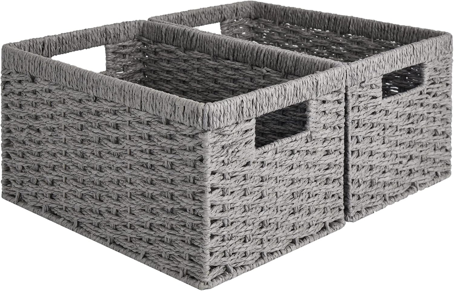 StorageWorks Round Paper Rope Storage Baskets, Rectangular Wicker Baskets with Built-in Handles, Gray, 2-Pack