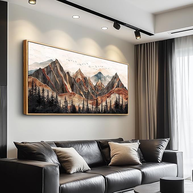 XIGUANGART Mountain Framed Wall Art, Long Horizontal Mountains Wall Decor, Pine Trees Nature Wall Painting, Modern Rustic Farmhouse Landscape Art Prints for Bedroom Office Decoration 20"x40"