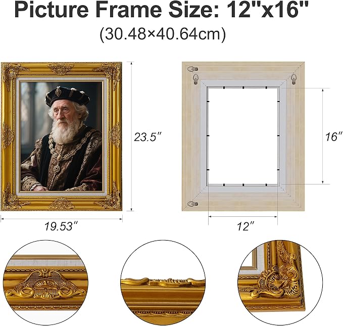 Classic 12x16 inch Picture Frames: Ornate Gold 16x12 Poster Frames for Canvas Photo Painting, Artwork, Wooden Antique Gallery Wall 12 x 16 Frames without Acrylic Glass and Backing