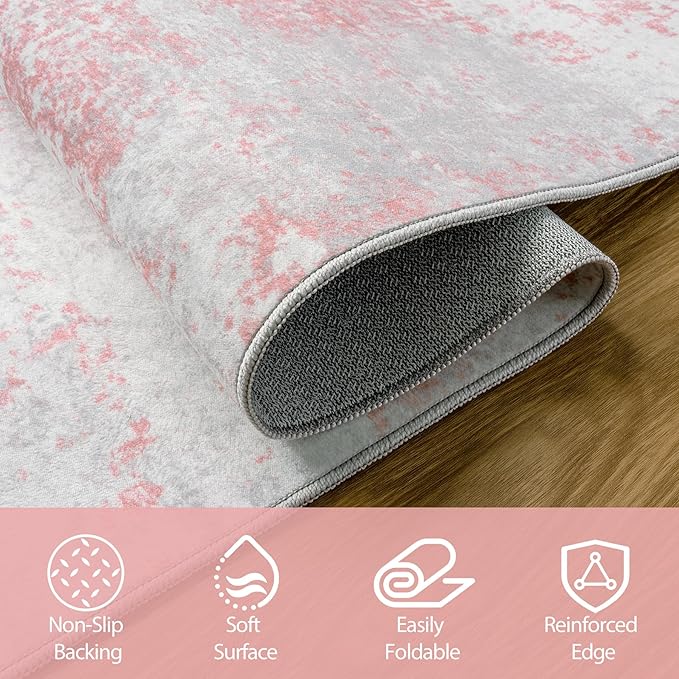 5x7 Area Rugs for Living Room Rug Washable: Abstract Rug for Dining Room Bedroom Carpet Non Slip 5 by 7 Indoor Modern Nursery Home Office Pink