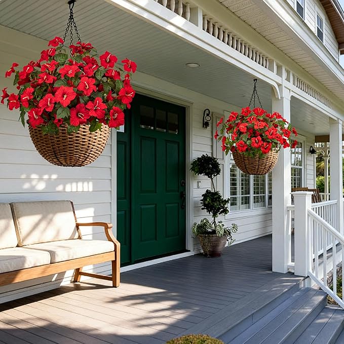19 Inch Artificial Fake Flowers for Outdoor,4 Pcs Red Faux Silk Petunias Spring Flowers for Outside for Indoor Porch Planter Front Door Garden Patio Window Box Home Decor