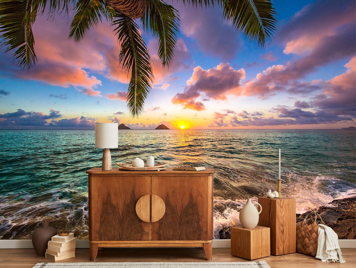 Palm Tree Beach Seascape Wall Mural Wallpaper for Bedroom Living Room(Not Peel and Stick)