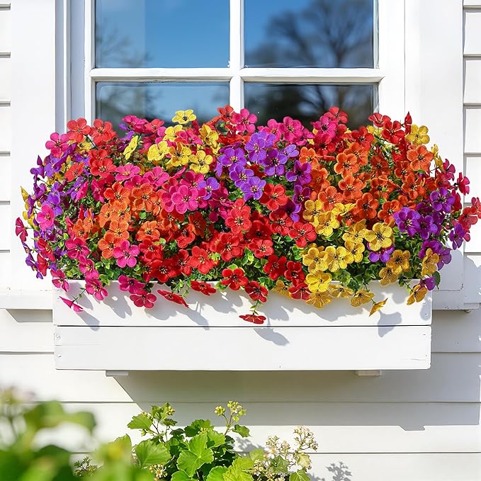 Alupssuc 20 Bundles Artificial Flowers for Outdoor Indoor Decoration, UV Resistant No Fade Fake Plants Eucalyptus, Colorful Faux Spring Flowers for Outside Yard Porch Patio Garden Home Window Box