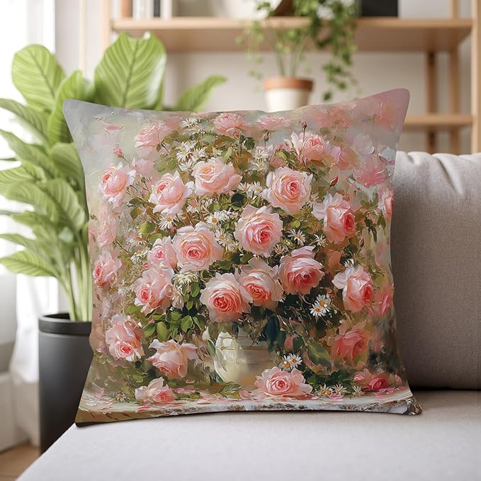 Retro Pink Flower Throw Pillow Covers Vintage Daisy Rose Floral Pillow Covers 18x18 Set of 2 Shabby Chic Oil Painting Outdoor Pillowcases for Home Bedroom Living Room Sofa Couch