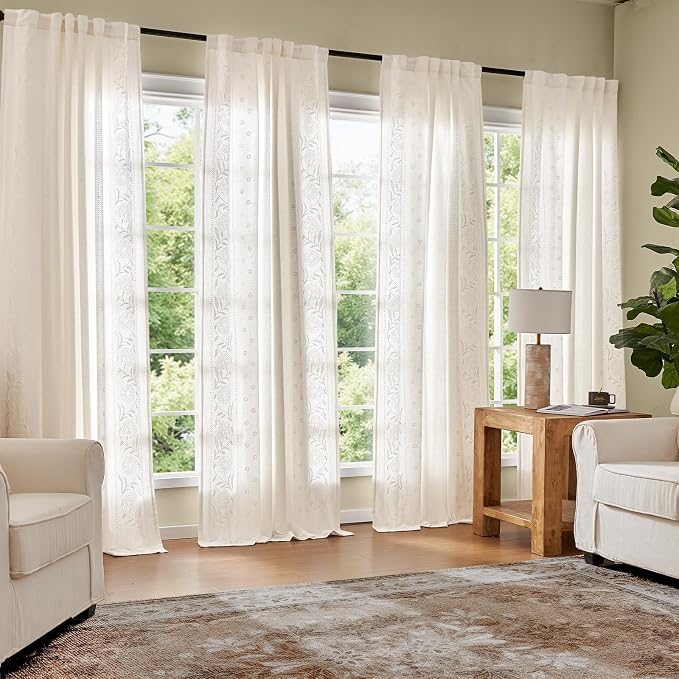 jinchan Winslow Lined Linen Curtains for Bedroom 84 Inches Linen Blended Embroidered Bordered Floral Curtains for Living Room Farmhouse Decor Window Treatments White on White Drapes 2 Panels
