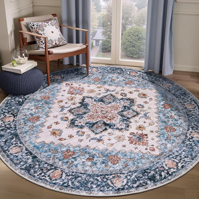 SERISSA Boho Round Area Rug, 5ft Washable Non-Slip Circle Rug, Ultra Soft Oriental Vintage Blue Orange Low-Pile Circular Carpet for Bedroom Entryway Kids Room Office College Dorm Living Room