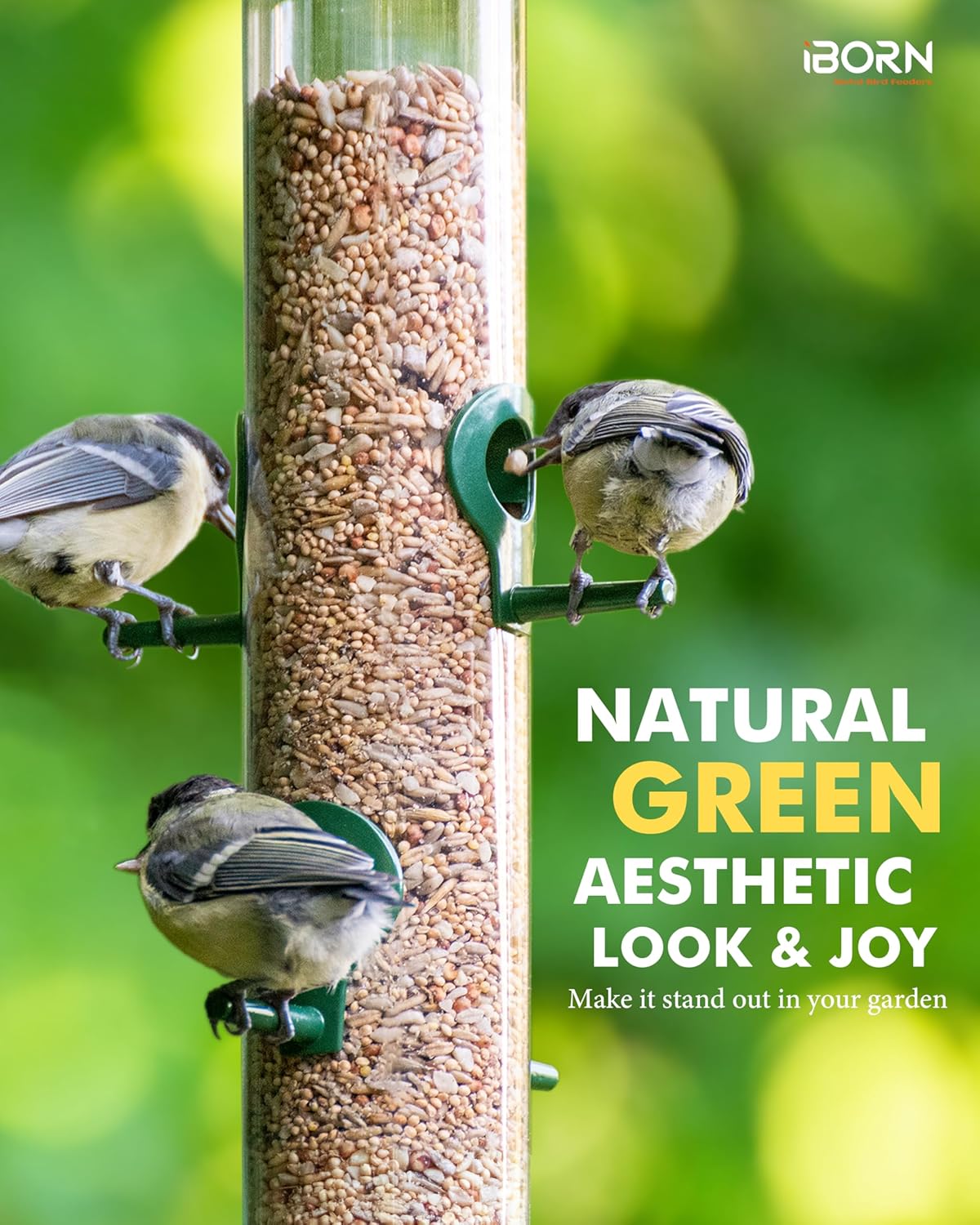 iBorn Metal Bird Feeders 6 Ports Hanging Wild Bird Seed Feeder for Mix Seed Blends, Niger Seed Feeder, Sunflower Heart, Birdbath, Heavy Duty All Metal Green Finishing 14 Inch 6Port, Pack of 2