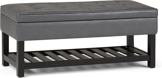 SIMPLIHOME Cosmopolitan Storage Ottoman Bench - 44 inch Wide Upholstered Vegan Leather Rectangle Storage Ottoman in Stone Grey, Transitional Bench for Bedroom with Tufted Lift-Top and Open Shelf