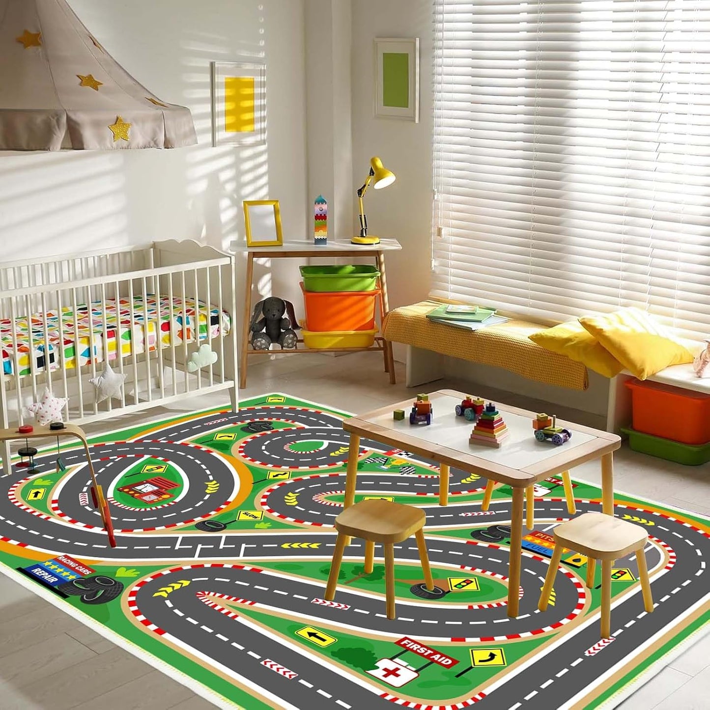 Kids Rug Play mat Playroom Rugs Car Rugs for Kids Toy Cars Race Track for Classroom Rug (Race-Green, 3.3x4.9ft)
