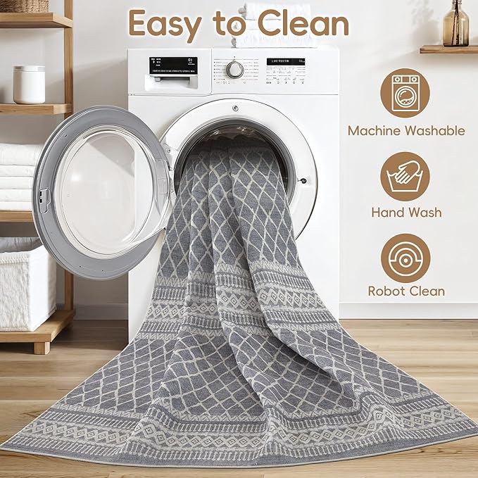 cotiled 8x10 Area Rug Living Room: Washable Boho Rugs with Non Slip Backing Large Soft Indoor Stain Resistant Carpet for Bedroom Farmhouse Dining Room Lightweight Home Decor Charcoal Grey