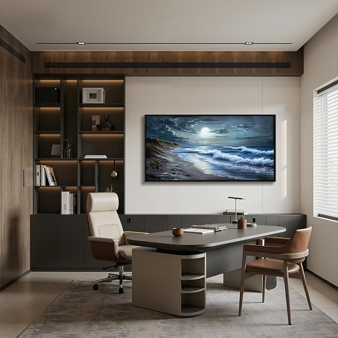 imjiayu Beach Wall Art, Large Framed Wall Art, Coastal Wall Decor, Moonlit Wave Landscape Art, Blue Grey Ocean Picture Prints, Modern Paintings for Living Room Bedroom Hallway Home Office 24"x48"