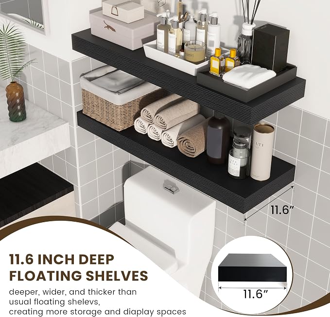 FLYJOE 12'' Deep Floating Shelves, 36 Inch Black Floating Shelves Set of 2, 36''x 12'' x 2'' Rustic Black Wood Shelves, Include Metal Brackets and Hardware, 45Lbs Load Bearing Capacity