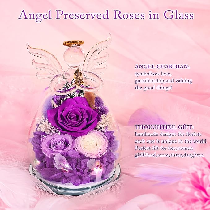 Gifts for Mom Birthday Gifts for Women Preserved Rose Forever Flower in Glass Angel Figurines Fresh Flowers for Delivery Anniversary Mothers Day Real Colorful Roses for Grandma Her Wife from Daughter