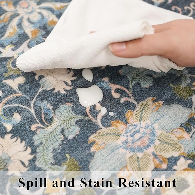 3x6 Washable Entryway Area Rugs: Vintage Easy to Clean Kitchen Rug Runner Soft Non Slip Floor Mat Indoor Farmhouse Carpet for Bathroom Living Room Bedroom Printed Hallway Runners(3x6 Floral/Blue)