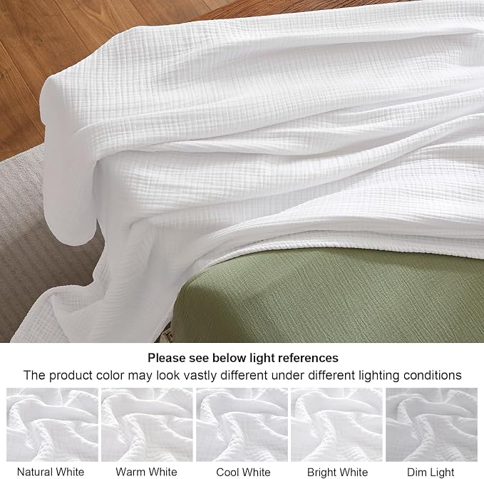 PHF 100% Cotton Muslin Throw XL Blanket Large 50" x 70", 4-Layer Lightweight Gauze Throw, Breathable Cloud-Soft Minimalist Blanket for Bed, Couch, Camping & Baby, White, Ideal Gift