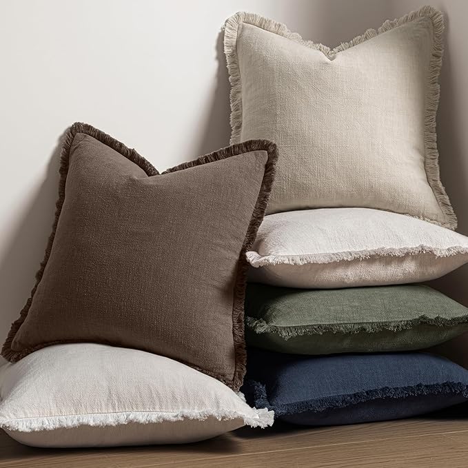 MIULEE Decorative Lumbar Throw Pillow Covers Neutral Linen Fringe Throw Pillows Set of 2 Reddish Brown Boho Farmhouse Cushion Covers for Couch Sofa Bed Living Room Fall Home Decor 12x20 Inch