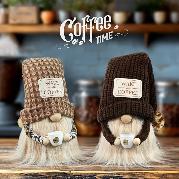 Coffee Gnome - Cute Plush Gnome Holding Cup, Handmade Bar Decor & Accessories, Gift for Coffee Lovers, Swedish Tomte Elf Dwarf for Station, Kitchen, Valentine, Christmas & Home Decorations