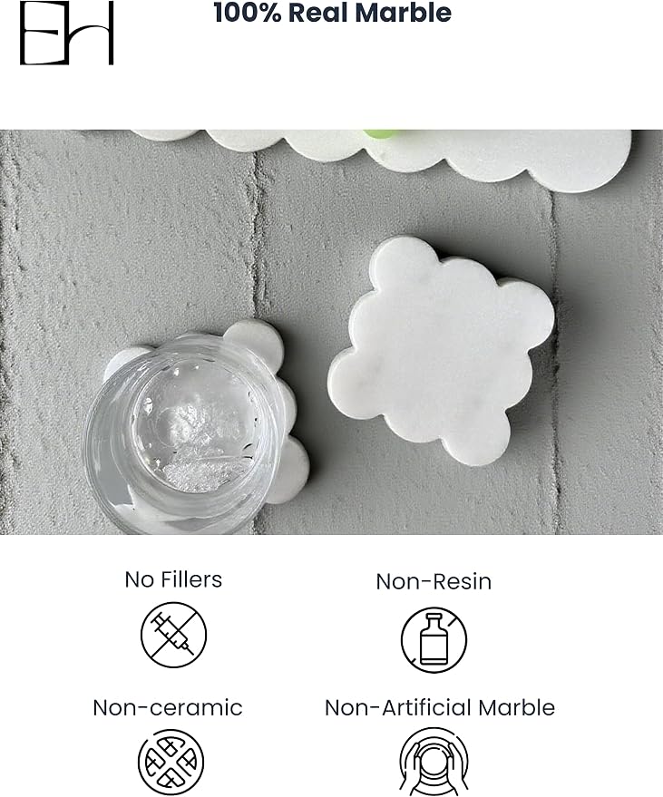Marble Coasters Set of 4, Handcrafted Drink Protectors, Natural Stone Coaster Bar & Table Decor, Modern Desk Aesthetic Accessories, Non-Slip Luxury Gift (Marble White Square Scalloped)