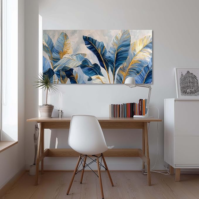 Ggaafet Navy Blue Leaves Wall Art for Living Room Canvas Painting Prints Botanical Boho Abstract Gold Leaf Art Deco Modern Artwork Office Bedroom Family Dining Room Decor Large