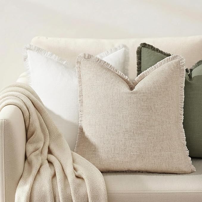 decorUhome Summer Decorative Neutral Linen Fringe Throw Pillow Covers Set of 2 Natural Beige Pillow Covers with Tassels Soft Farmhouse Boho Accent Pillow Cases for Couch Bed Sofa 18x18 Inch