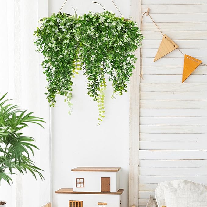 SJL Artificial Hanging Plants Fake Vine Faux Greenery Outdoor UV Resistant Plastic Plants Artificial Plant Outdoors Fake Hanging Vine for Indoor Outdoor Home Garden Wedding Party Decor (White)