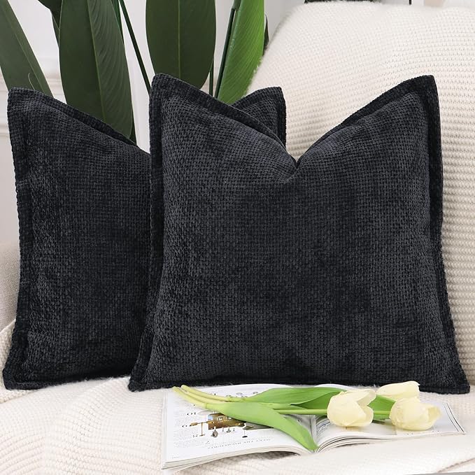 MADIZZ Decorative Chenille Velvet Throw Pillow Covers Set of 2 Soft Boho Textured Neutral Couch Throw Pillow for Bed Modern Farmhouse Home Decor for Sofa Livingroom Black 18x18 Inch