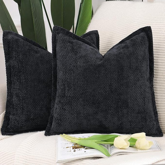 MADIZZ Decorative Chenille Velvet Throw Pillow Covers Set of 2 Soft Boho Textured Neutral Couch Throw Pillow for Bed Modern Farmhouse Home Decor for Sofa Livingroom Black 18x18 Inch