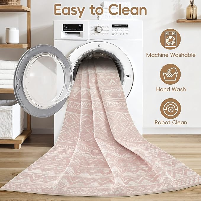 cotiled 6x9 Area Rug Living Room: Washable Boho Rugs with Non Slip Backing Large Soft Indoor Stain Resistant Carpet for Bedroom Farmhouse Dining Room Lightweight Home Decor Lotus Pink
