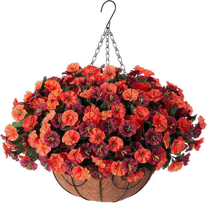 Ammyoo Artificial Hanging Flowers with Basket, Faux Silk Petunias Flower Arrangement, Coconut Lining with Morning Glories Fake Plants Patio Garden Porch Deck Spring Summer Decor(Orange Brown)