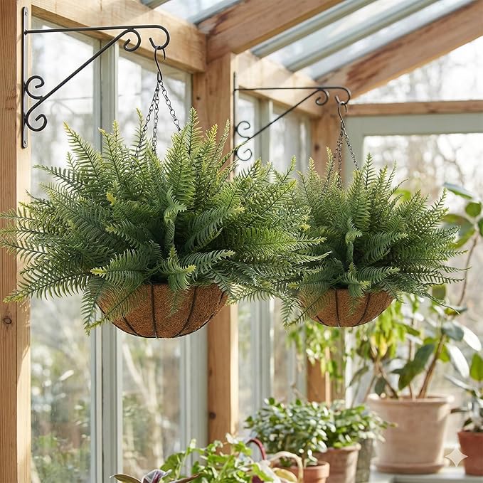 Fake Ferns Hanging Baskets,2PCS Artificial Hanging Plants Outdoor, 2 Hanging Planters with 24 Pcs Fake Ferns for Indoor Outside Decorations for Front Porch Garden Balcony Patio Home Decor (2, Green)