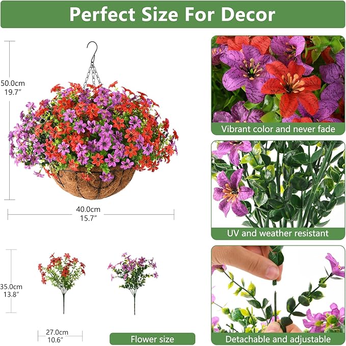 Artificial Flowers Fake Hanging Basket for Outdoor Spring Summer Decoration, 12 Bundles Faux Hanging Plants UV Resistant, Realistic Silk Flower for Outside Planters Porch Patio Balcony Yard Garden
