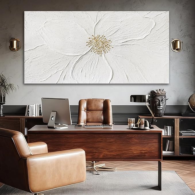 Large Floral Abstract Wall Art, Hand Painted Textured Canvas with Soft Organic Petal Forms, Ivory and Beige Tones with Gold Accents, Oversized Modern Statement Wall Decor, Gallery Wrapped, 29×58 Inch