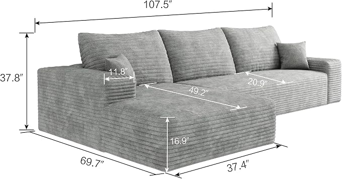 107" Boneless Couch with L Shaped Chaise, Plush Corduroy Sleeper Sectional Sofa, Deep Seat Comfy Couches for Living Room Bedroom, Compressed Foam Cloud Sofas, No Assembly, Left Facing Chaise, Grey