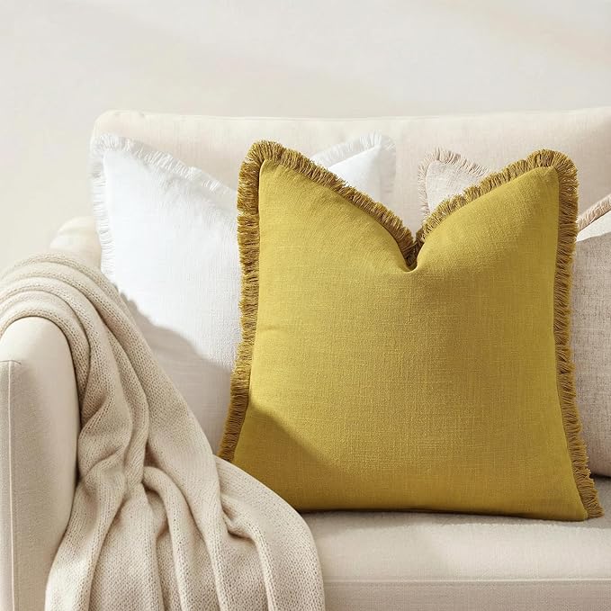 decorUhome Summer Decorative Neutral Linen Fringe Euro Sham Throw Pillow Covers Set of 2 Mustard Yellow Pillow Covers with Tassels Soft Farmhouse Boho Accent Pillow Cases for Couch Bed Sofa 26x26 Inch