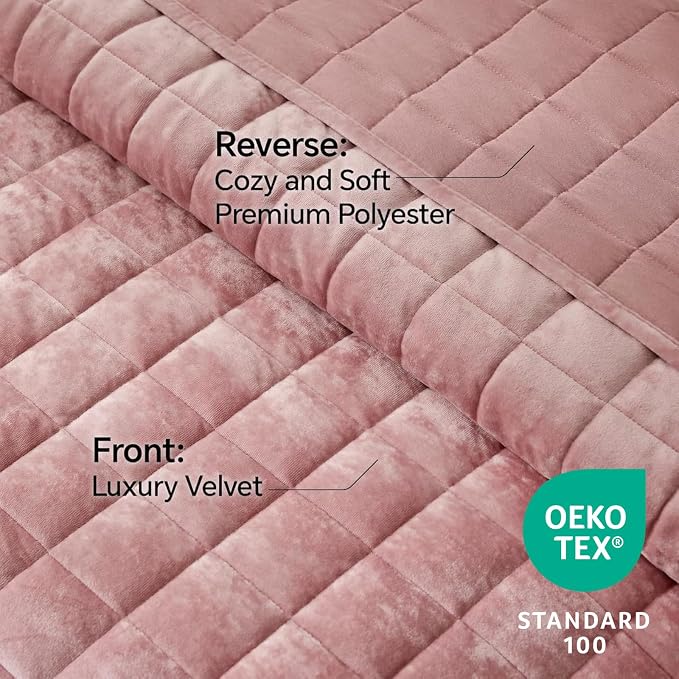 BEDELITE Velvet Quilt Set Queen Size - Luxury Soft Velvet Comforter Bedding Set for All Season, Lightweight Quilted Box Stitch Oversized Bedspread Coverlet with 2 Matching Shams, Rose Pink