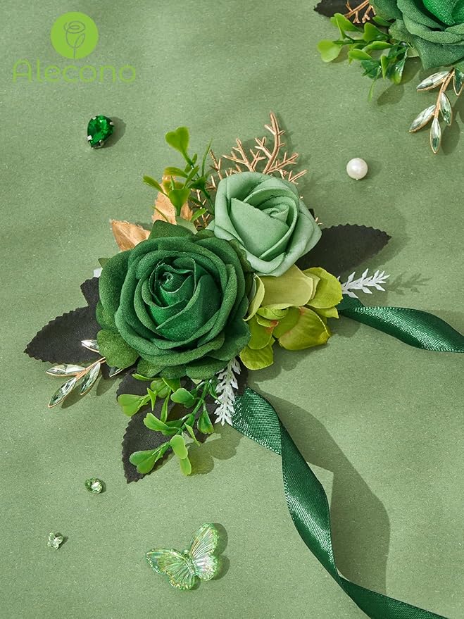 Alecono Green Corsage and Boutonniere Set, Corsages for Bride Bridesmaid Groom Bridegroom, Artificial Flowers for Prom Graduation Ceremony Anniversary