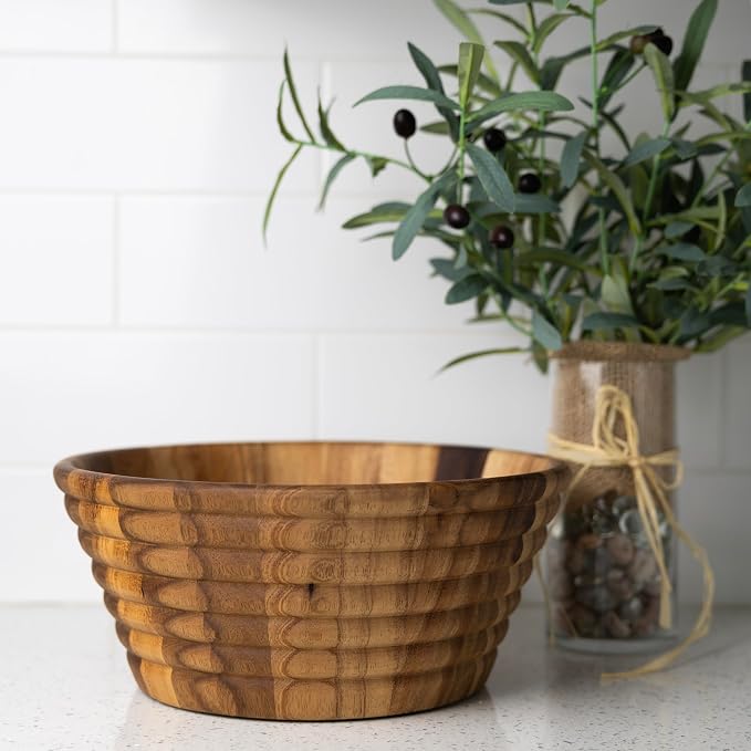 Ironwood Gourmet Acacia Wood Salad Bowl, Large 12" x 5" Beehive Style Fruit and Salad Serving Bowl