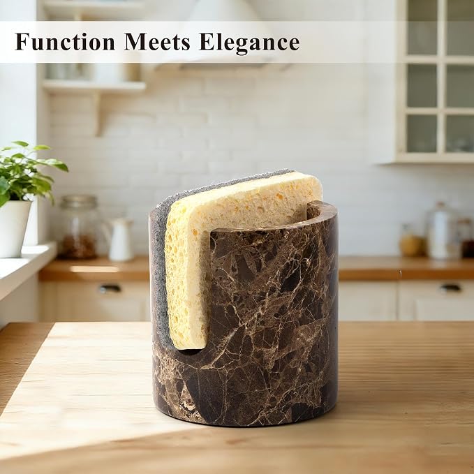 Natural Marble Sponge Holder, Sink Caddy for Kitchen Counter, Marble Decor Dish Sponge Holder with Anti-Slip Pad for Kitchen Sink Countertop, Fast Drying Rack, Caddy - Dark Brown