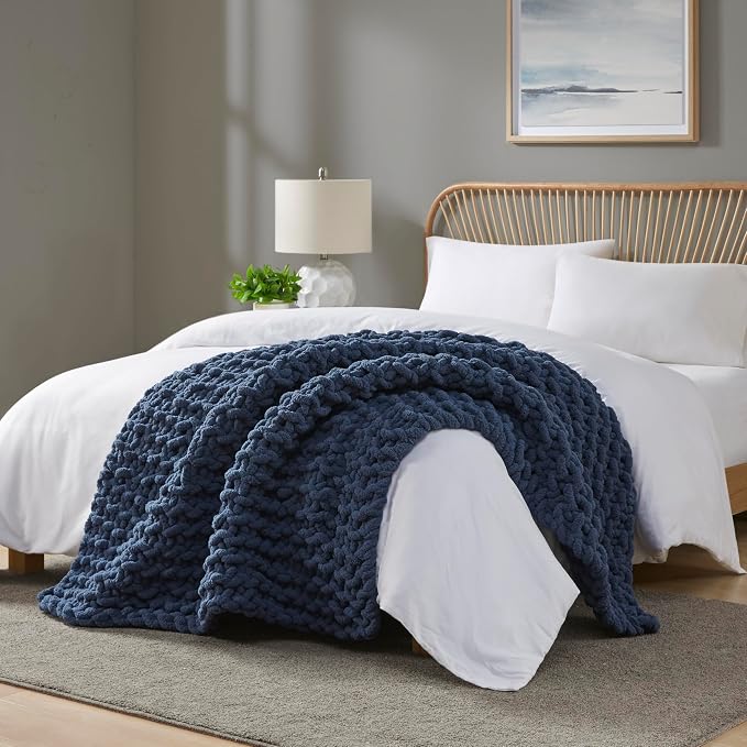 Madison Park Chenille Chunky Knit Handmade Throw Blanket, Luxuriously Soft Gift Blankets, Cottage Style Room Décor, Lightweight & Breathable All Seasons Throw Blanket for Couch, 50"W x 60"L Navy Blue
