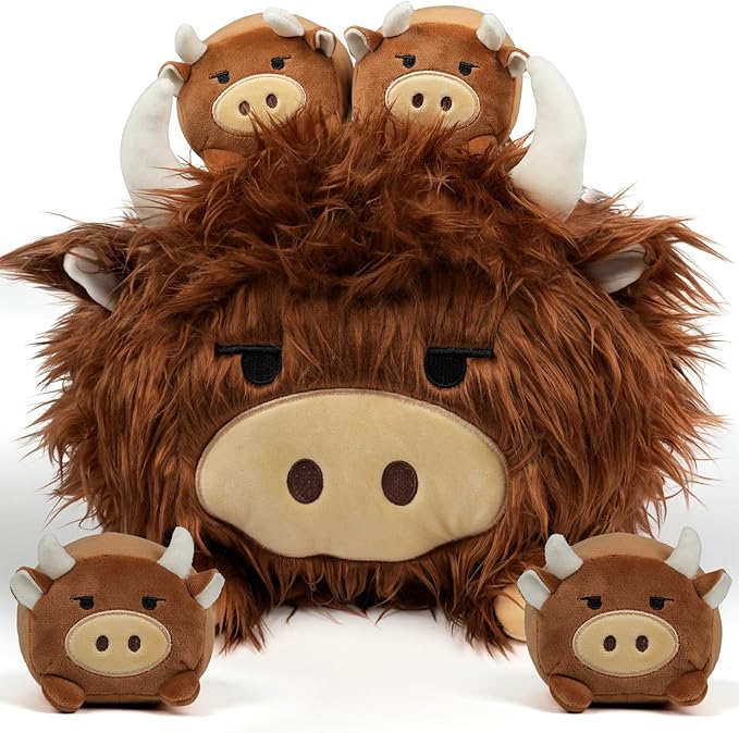 Highland Cow Stuffed Animal, Highland Cow Mommy Plush Set with 4 Baby Calves, Soft Stuffed Toy Pillow, Cute Birthday for Kids Boys Girls