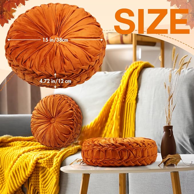 Beeveer 2 Pcs Round Throw Pillows 15 Inch Decorative Velvet Pleated Pumpkin Pillows Boho Floor Pillow with Center Button for Living Room Couch Chair Bed Sofa Home Decoration (Orange)