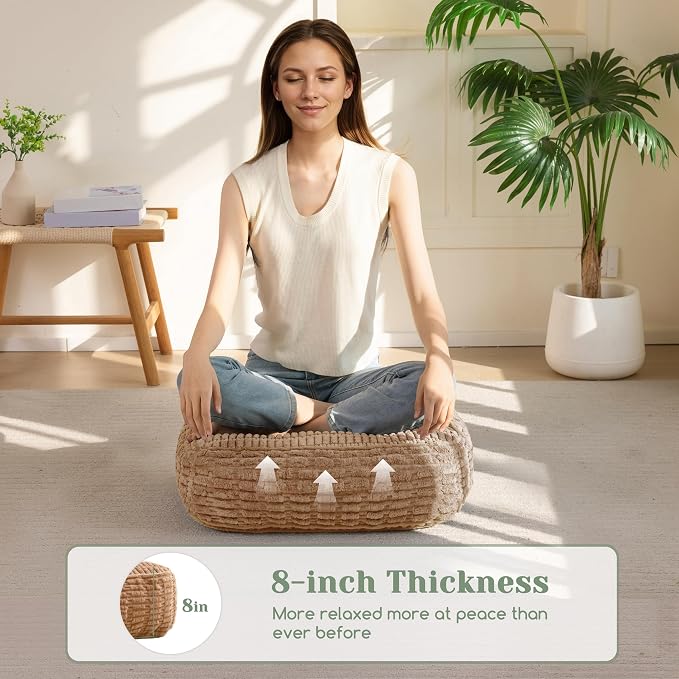 HIGOGOGO 8" Floor Pillow Cushion for Adults, Meditation Cushion Pillow, Blended Corduroy Cover, Large Square Floor Sitting for Tatami Living Room or Yoga, 22x22 Inch, Coffee