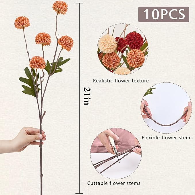 Waipfaru 10pcs Fake Silk Pompon Mum Artificial Fall Flowers, Faux Mini Chrysanthemums, Fall Decor for Centerpieces Wedding, No vase, Multicoloured