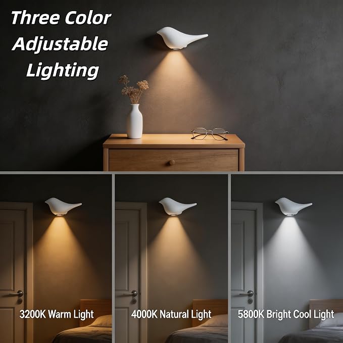 Cute Bird Night Light: Motion Sensor Lights Indoor - Magnetic Mounting & 3 Color Dimmable - One Charge Three Weeks of Worry-Free Use - 4-Pack Set (White)