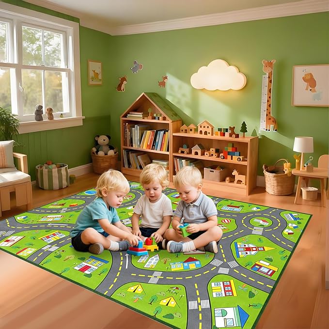 Car Rug for Kids Room, Kids Play Mat for Floor Green Educational Learning Track Road Rugs Decorate Nursery Toddler Preschool Bedroom Playroom Decor Mat, 2.5 x 4 Feet