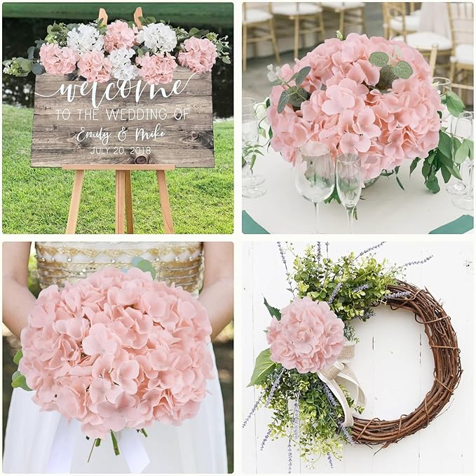 AVIVIHO 65pcs Fake Flowers Blush Hydrangea Artificial Flowers Bulk (Not Squished, No Steaming Need) Silk Flowers with Stems for Wedding Decor,Home,Baby Shower,Table Centerpieces Decoration