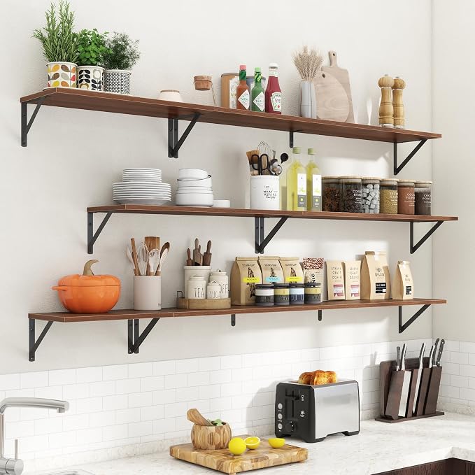 Acovy Floating Shelves for Wall,48" Wx8 D Wood Wall Shelves,Hanging Storage Floating Shelf with Metal Brackets,Wide Floating Bookshelf for Living Room,Office,Bedroom,Bathroom,Set of 2,Walnut