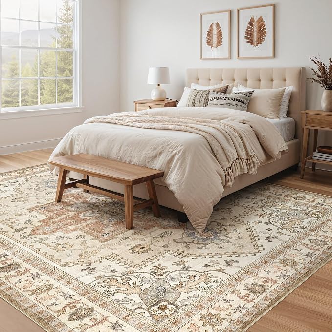 Tortania Area Rug Living Room Rugs - 9x12 Washable Boho Rug Vintage Oriental Distressed Farmhouse Large Thin Indoor Carpet for Living Room Bedroom Under Dining Table Home Office - Rust/Cream