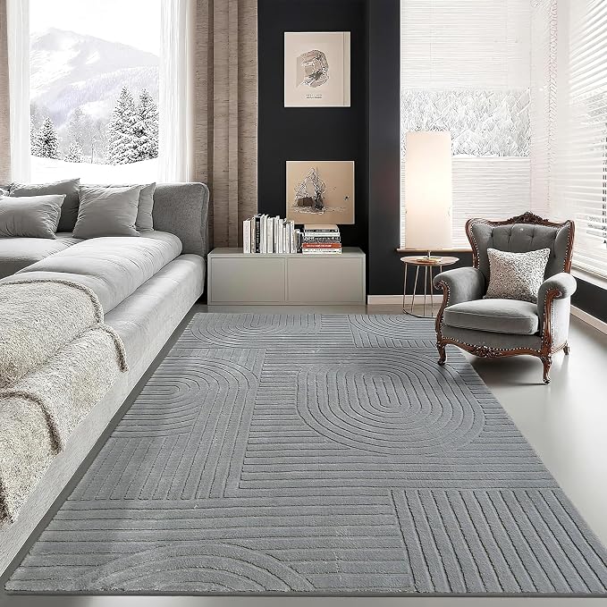 5x7 Solid Color Area Rugs – Washable Living Room Rug, Durable Non-Slip Indoor Carpet with Soft High-Low Pile, Fluffy Floor Rugs for Bedroom, Kids Room, House Apartment, Home Office Decor, Grey